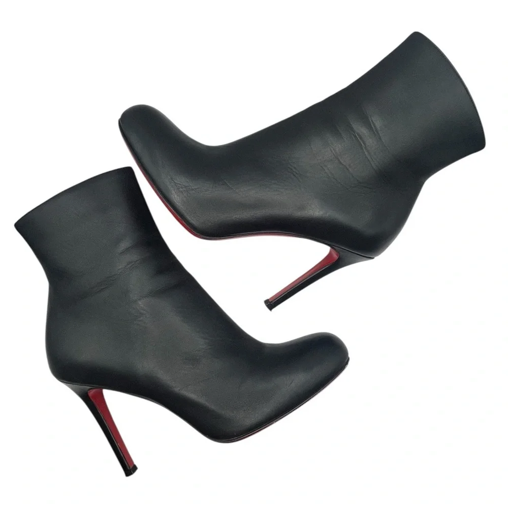 CHRISTIAN LOUBOUTIN Black Leather Ankle Boots Red Sole Size 37.5 / 7.5 Stiletto